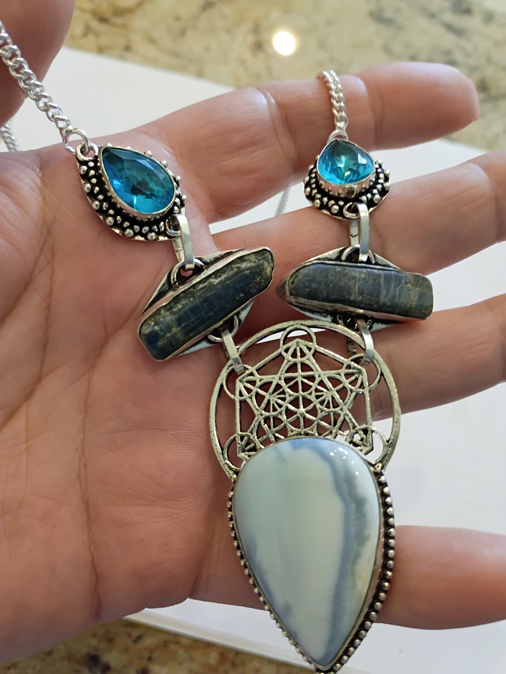 Silver-Tone Blue Agate Teardrop Pendant Necklace W Labordorite &Sky-Blue Accents